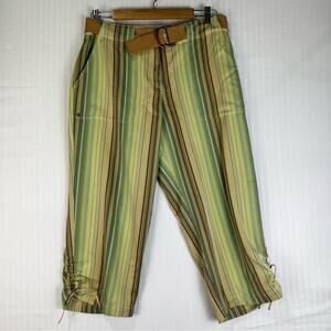 Tommy Bahama Belted Striped Green/Yellow Silk Capri Pants Size 10 Coastal Boho